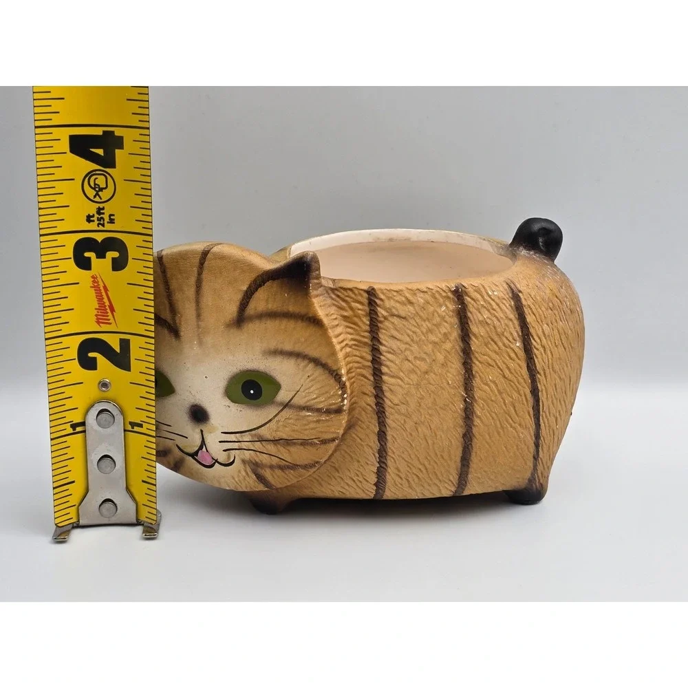 Cute Cat Planter Ceramic Brown Tabby Whiskers Green Eyes Tail Pot Home Decor‎